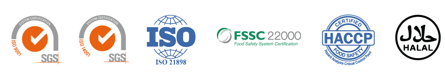 Certificados de calidad, sustentabilidad y food grade. "ISO 9001", "ISO 14001", "ISO 21898", "FSSC 22000", "HACCP", "Halal"