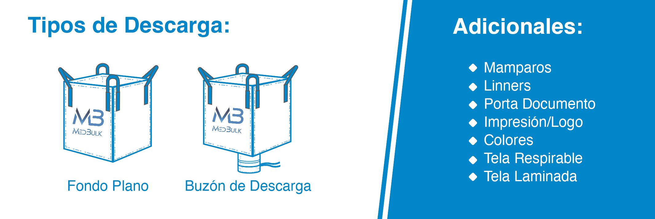 Aquí se muestran 2 diferentes tipos de Descarga y Adicionales para confección de maxisacos: "Fondo Plano", "Mamparos", "Linners", "Porta Documento", "Impresión", "Colores", "Tela Respirable" y "Tela Laminada"
